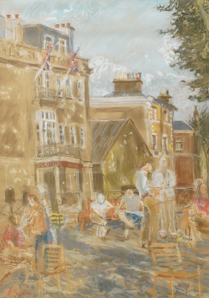 Modern British, Street scene with seated figures, indistinctly signed lower left, pastel, 69 x 49cm